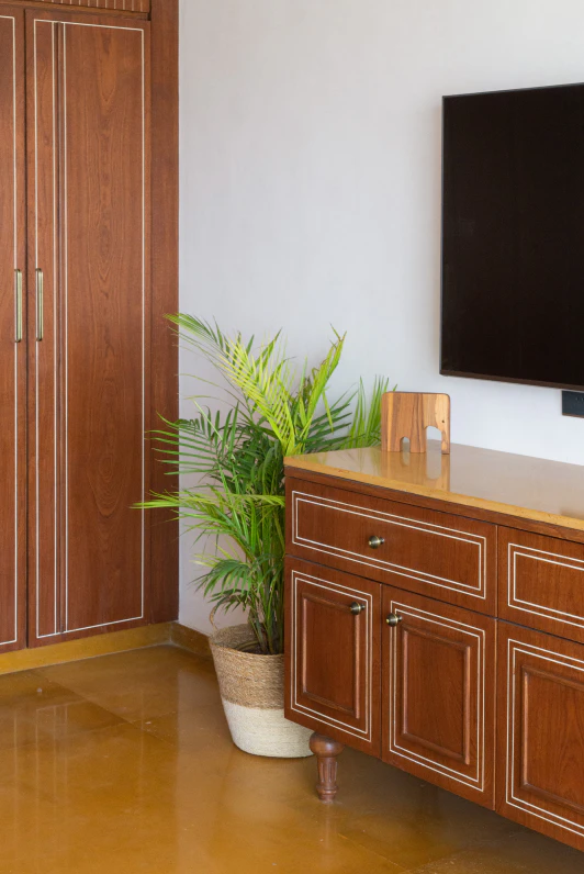 Artisanal wardrobe and media credenza accented by lush indoor greenery
