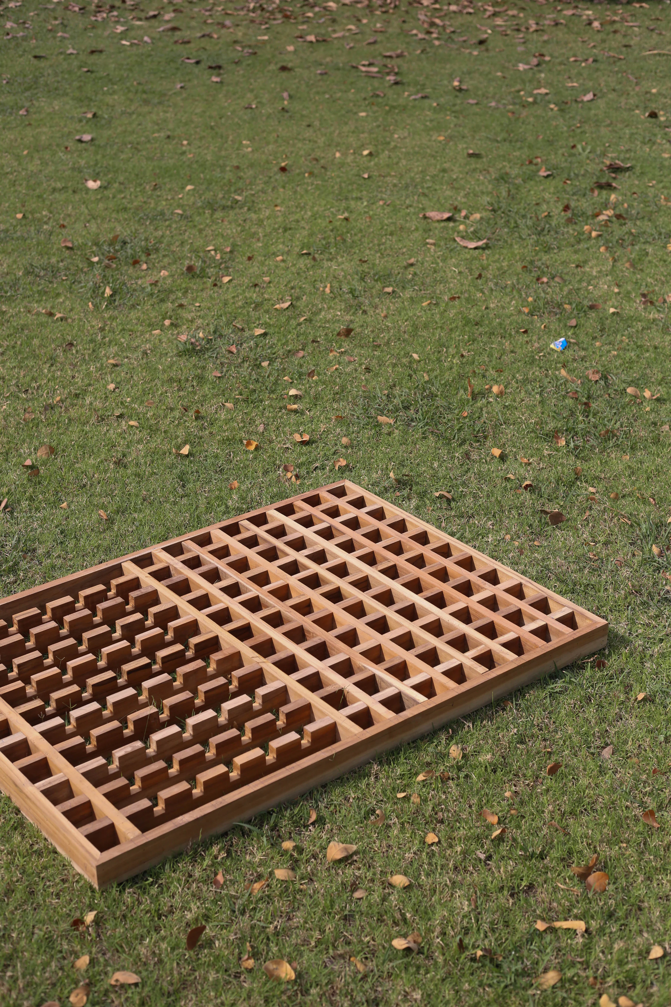 Handcrafted wooden lattice frame on site