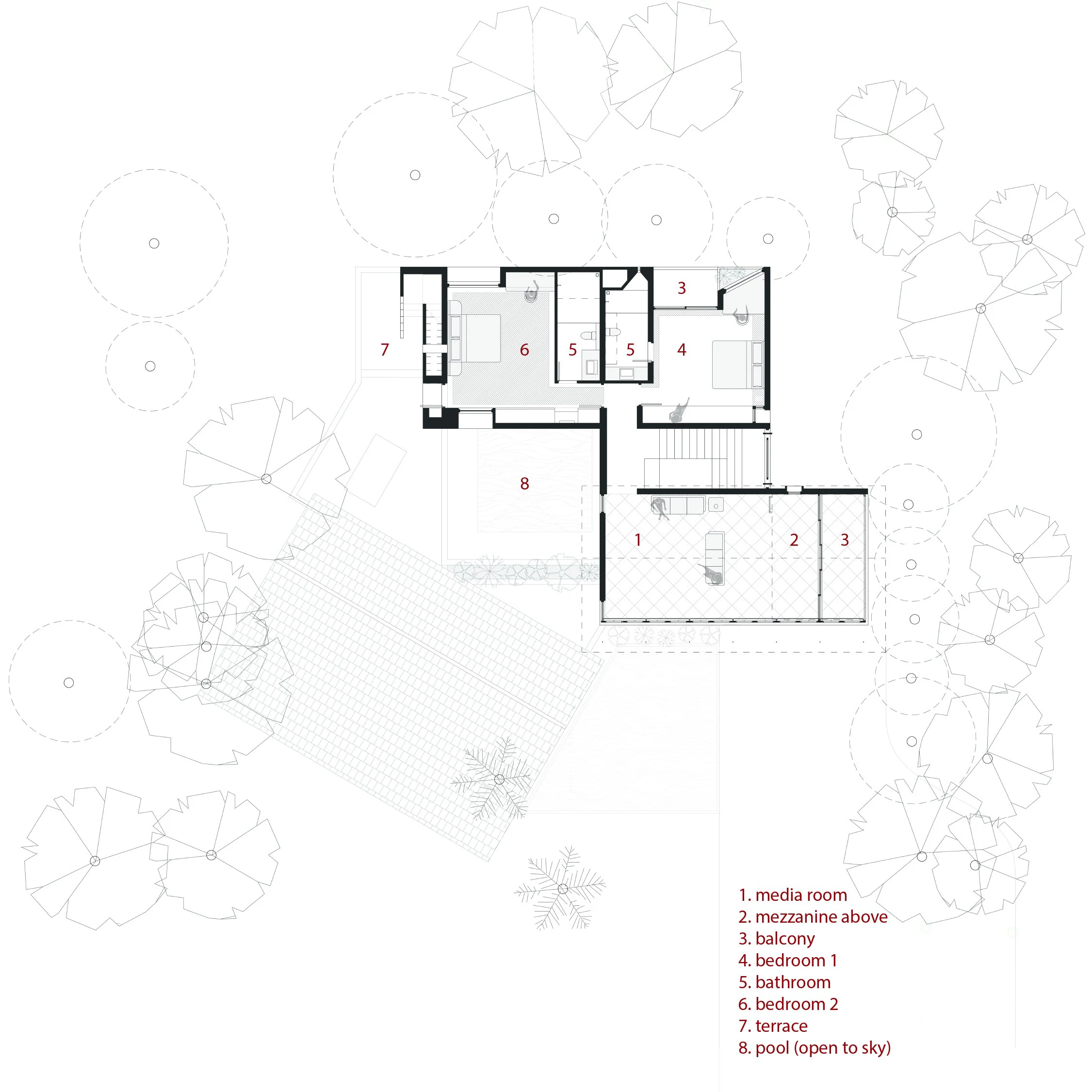 Asarma first floor architectural plan layout showing bedroom suites and upper terrace