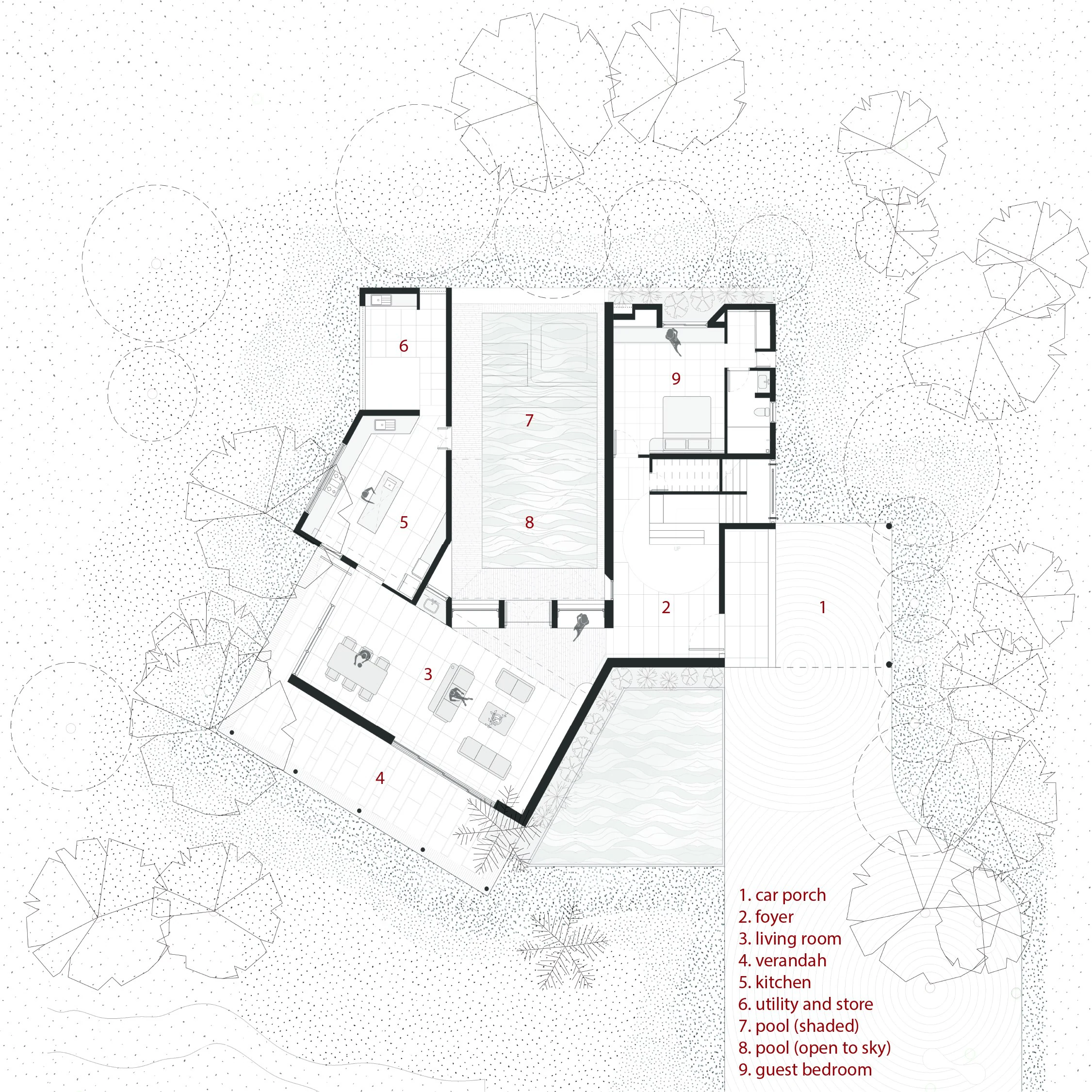 Asarma ground floor architectural plan layout showing pool and verandah