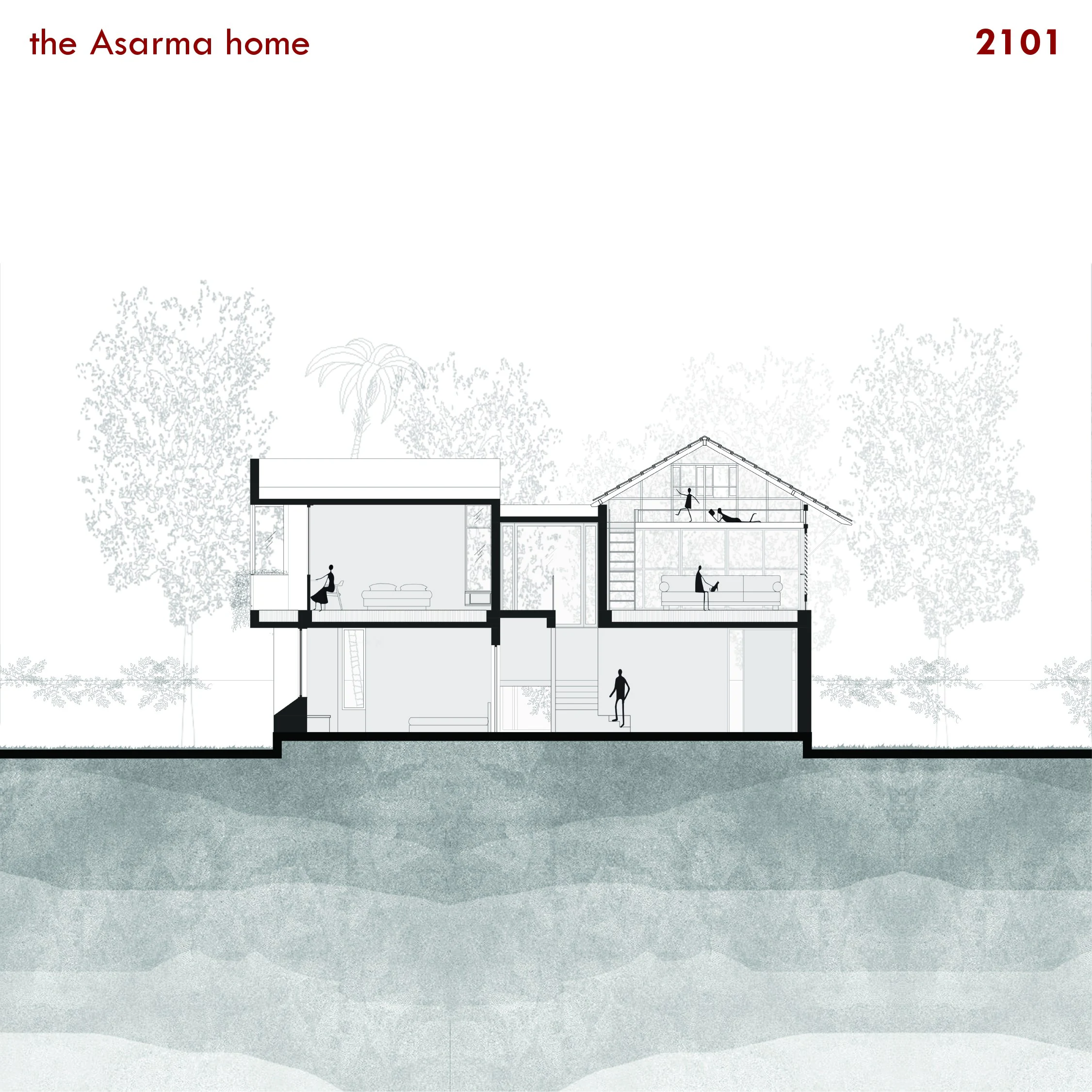Asarma building section showing kids mezzanine above media room and tree canopy