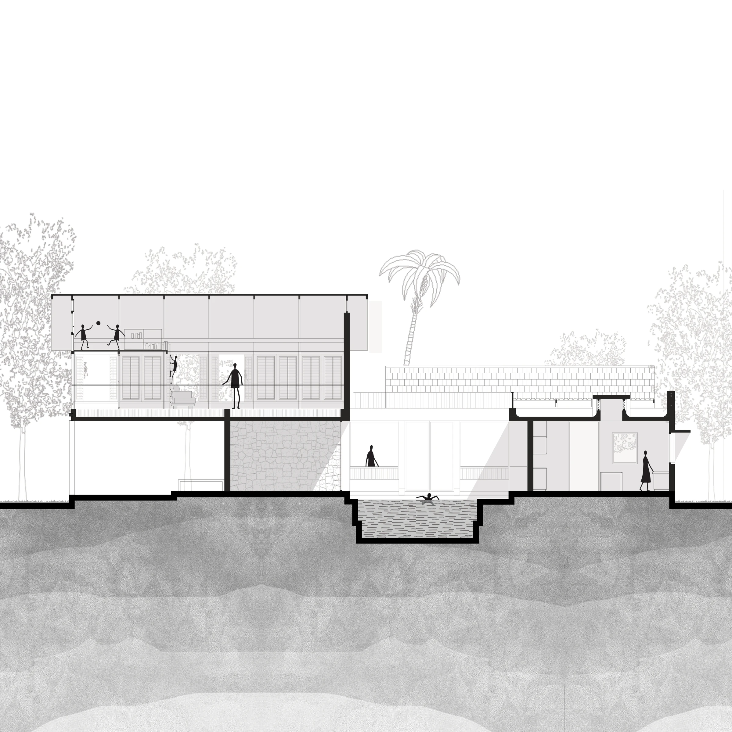 Detailed longitudinal section illustrating upper terrace, bedroom suites, and pool