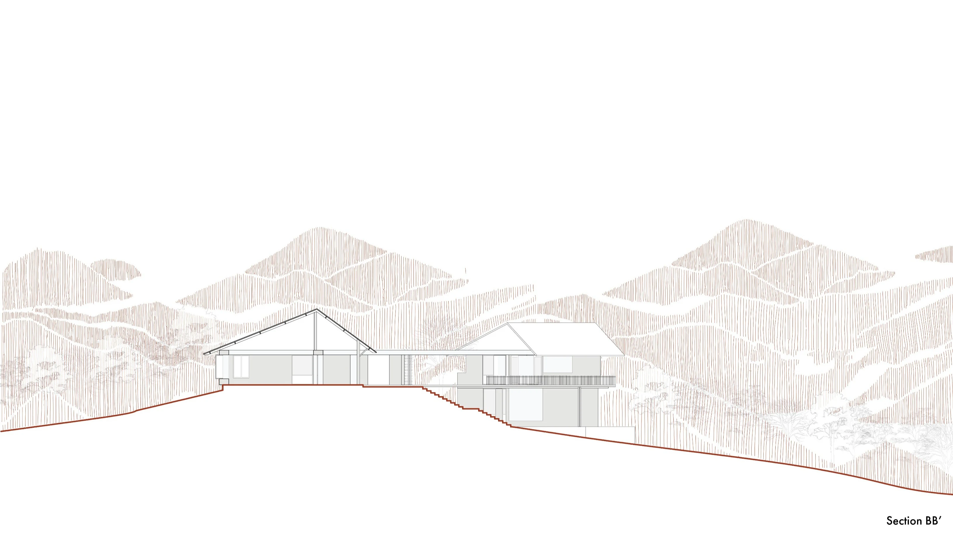 Karjat architectural building section showing pitched roof and natural contours