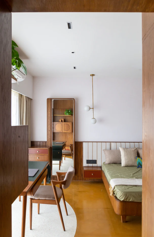 Bedroom study nook and bespoke wardrobe with terrazzo flooring